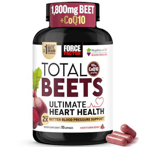Image of Force Factor Total Beets Ultimate Heart Health 1800mg Beet Root Capsules | Blood Pressure Support Supplement with CoQ10 for Nitric Oxide & Blood Flow with Grapeseed, Hawthorn Berry, 90 Capsules