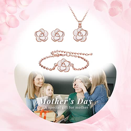 Elequeen Rose Flower Necklace Earrings Bracelet Set 14K White Rose Gold Plated Hypoallergenic Jewelry Sets Gift For Women Girls #TOP5