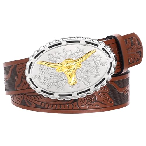 Western Leather Belt Vintage Engraved Cowgirl Cowboy Belt with Longhorn Bull Silver Buckle for Women Men Jeans