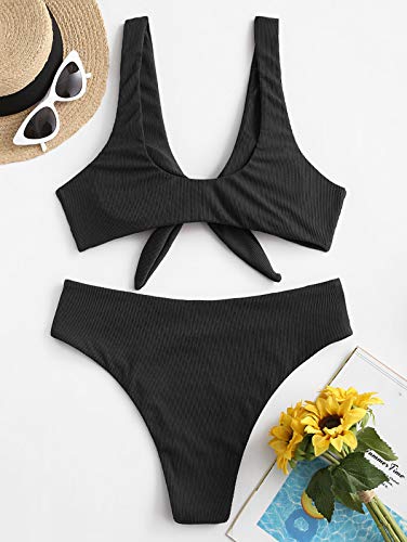 ZAFUL Women's Ribbed Tie Front Knot Bralette High Waisted Hipster Bikini Ditsy Floral High Cut Swimsuit3