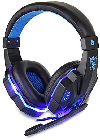 MFTEK Gaming Headphone Noise Cancellation and Volume Control Gaming Headset with Mic LED Light Over-Ear Headphone, 3.5mm Wired, 40mm Driver Unit, Double bass- Blue