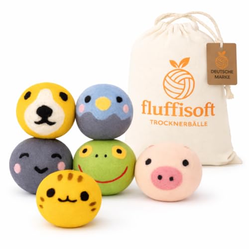 fluffisoft Trocknerbälle 6 Stück 100% Schafwolle weichere Wäsche ohne Chemie Energie sparen inkl. Stoffbeutel