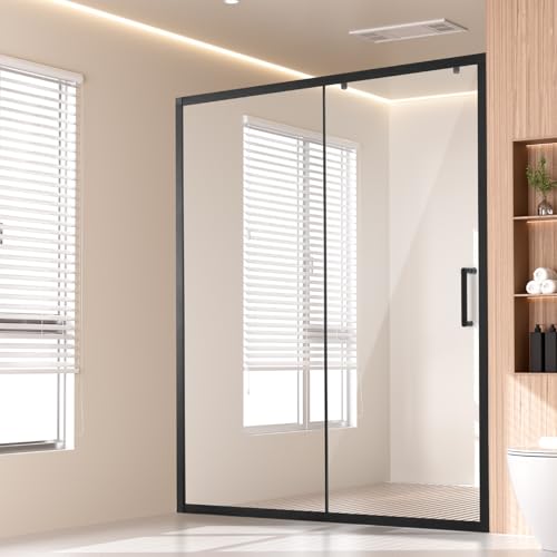 VEVOR Puerta de Ducha Semi-sin Marco de 1459-1499 x 1778 mm, Puerta de Vidrio Corrediza con Vidrio Templado Transparente de 6 mm y Herrajes de Acero Inoxidable Resistente al Agua y Manchas, Negro