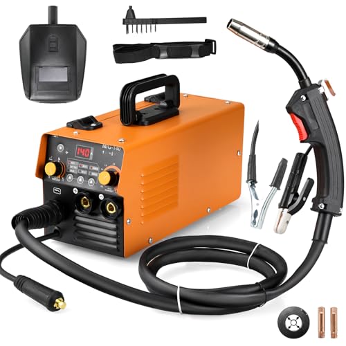 140A 230V Soldador Hilo Continuo sin Gas, 3 en 1 Máquina de Soldar MIG, ARC MMA, Lift TIG, Soldadora Portátil, IGBT Inverter, con Pantalla LCD, Alambre de 0,8 mm, Pistola de Soldar MIG y Máscara