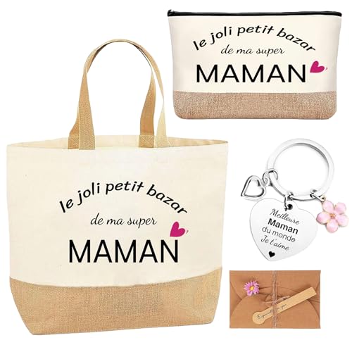 jenich Cadeau Maman Sac Le Joli Petit Bazar d’une Super Maman Porte Clé Tote Bag pour Femme...