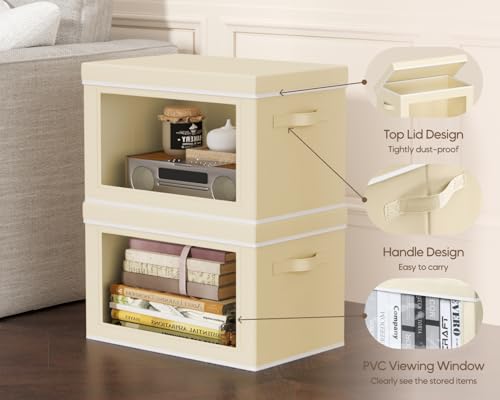 Image of Homsorout Collapsible Storage Bins with Lids - Stackable Storage Boxes with Window, 15.7 Inch Fabric Organizing Bins for Closet, Home & Office Organization Baskets, Beige, 3 Pack