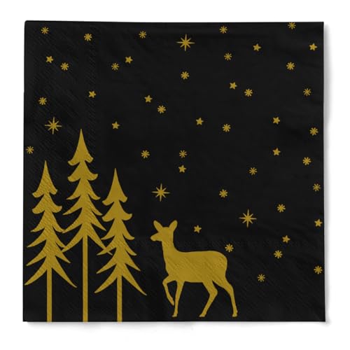 Mank Servietten aus Tissue Liane, Weihnachtsservietten für festliche Events, Serviette mit goldenem Druck, Weihnachten (Schwarz, 24 x 24 cm, 150 Stück)