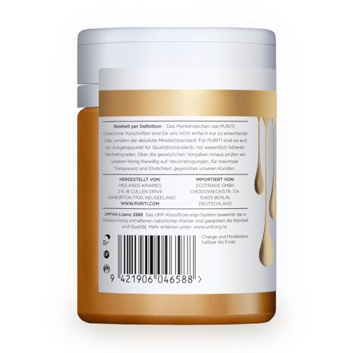 PURITI Manuka Honig MGO 200+ 250g aus Neuseeland mit zertifiziertem Methylglyoxal Gehalt - Laborgeprüft, Direktimport, reines Naturprodukt, frei von Zusatzstoffen