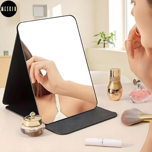 Image of MESKIN Portable Tablet Style Makeup Mirror with Foldable Stand | Compact Folding Free Hand Standing Mirror | Travel Friendly Vanity Mirror with PU Flap Cover (Pack of 1, Black)