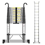 EOXCIIU Escalera telescópica de 4,7m, Escalera Extensible con Ganchos, Aluminio, Varias Posiciones, Distancia Entre peldaños 36 cm, ampliamente Utilizada en almacenes y talleres