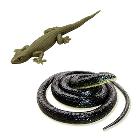 Image of KRySt Brown Lizard and Black Snake Combo Toys | Real Looking Rubber Lizard Toy | Original Look Chipkali Toy | Chipkali and Snake Prank Toys for Kids and Adults (1 Lizard + 1 Snake)