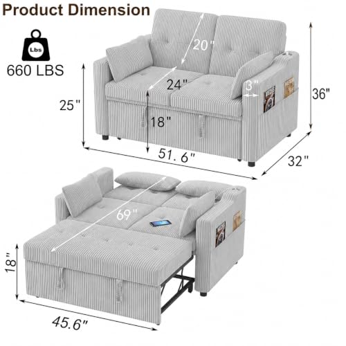 Image of 51.6 inch 3-in-1 Convertible Sleeper Sofa Bed, Pull Out Loveseat Couch with 5-Position Adjustable Backrest, USB & Type-C Ports, Side Storage Pockets, Corduroy Sofa Bed for Small Spaces