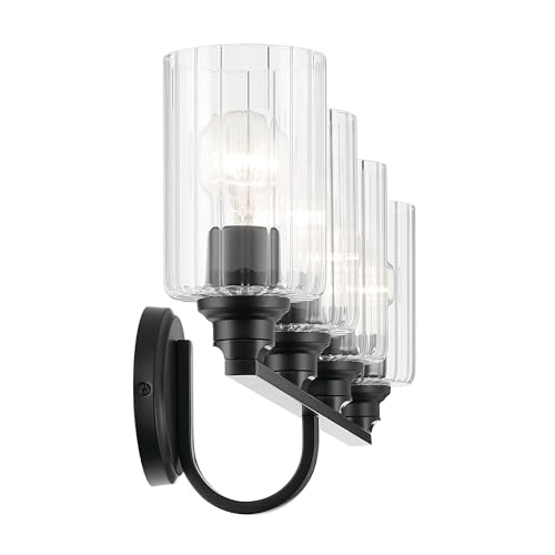 Image of Kichler Gioe 4-Light Bathroom Vanity Light Fixture with Clear Fluted Glass in Black, Modern Wall Mount Over Mirror Lighting for Powder Room (32.25 x 10.5 x 6.75 in), 55227BKFLU