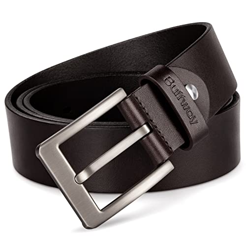 Buffway Minimalist 1.5" Full Grain Leather Belts for Men with Metal Buckle, Heavy Duty Mens Casual Belts in Gift Box- 48â€ Coffee