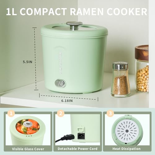 Zelarca Hot Pot Electric, 1L Mini Ramen Cooker, 450W Rapid Noodles Cooker, Multifunctional Electric Pot for Cooking Pasta, Soup, Portable Pots with Over-Heating Protection for Dorm, Office, Travel