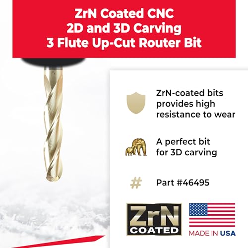 Image of Amana Tool Up Cut Spiral CNC Router Bits for 2D /3D Carving, ZrN Coated, 46495, 0.10 Deg Straight Angle Ball Tip 1 /2 D x 1 /4 R x 2-1 /4 x 1 /2 Shk x 3 Fl