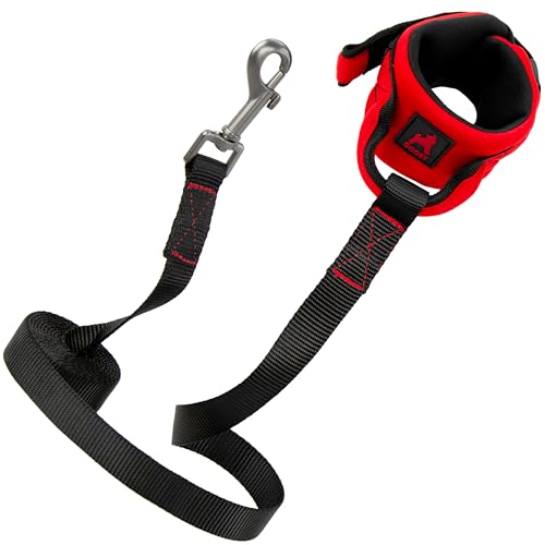 Image of Gooby Neoprene Wristband Sport Leash, Red, 6 FT | Hands-free wristband; Neoprene padded cushion; 6 ft; Adjustable hook-and-loop fastener; All-weather