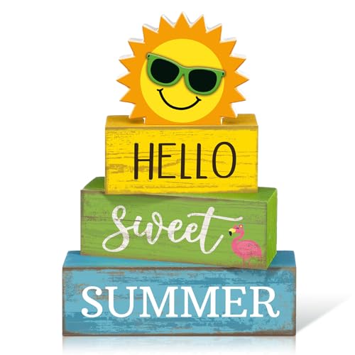 Yuntau 4 Pcs Summer Tiered Tray Decor Hello Sweet Summer Wood Block Signs