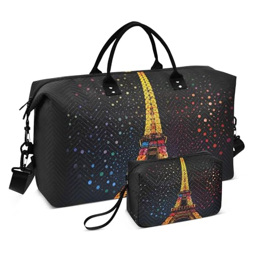 Large Travel Duffel Bag, Dots Eiffel Tower Love Sport Tote Gym Bag, Shoulder Weekender Overnight Bag for Women Men, Carry On Luggage with Toiletry Bag