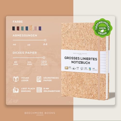 Beechmore Books Notizbuch liniert - XL A4, Kork-Design I Premium Hardcover Journal Buch aus veganem Leder, 120gsm creme Papier, Geschenkbox, für Schriftsteller, Journalisten, Meetings & Studenten