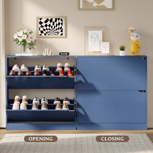 Image of BORNOON Shoe Cabinet with 2 Flip Drawers, Slim Narrow Shoe Storage Cabinet, Freestanding Shoe Organizer with Adjustable & Removable Shelves, Top Display Shelf for Entryway, Hallway, Foyer, Closet