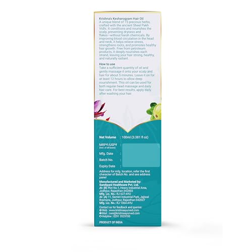Image of Krishna's Kesharogyam Ayurvedic Hair Oil - 100 ml for Strong Hair with 15 Ayurvedic Herbs | Amla Jatamasi Right hair growth oil| Paraben Free - (Pack of 2)