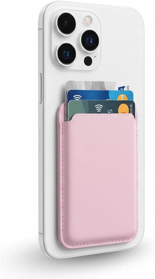 Cartera magnética para iPhone 17,16–12 y Samsung Galaxy S25–S22 – Cartera con bloqueo RFID – Tarjetero ultrafino para 5 tarjetas para hombres y mujeres – Cartera magnética de piel sintética de primera calidad para teléfono, color rosa
