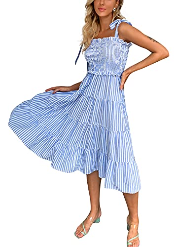 Feditch Women s Striped Spaghetti Strap Bow Tie Tiered Ruffle Hem Maxi Long Dress Light Blue Medium