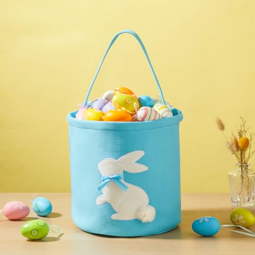 Image of 2 Pcs Embroidered Easter Basket with Handle for Egg Hunts, Easter Gifts, Easter Egg Collection, Gift (Pink and Blue)