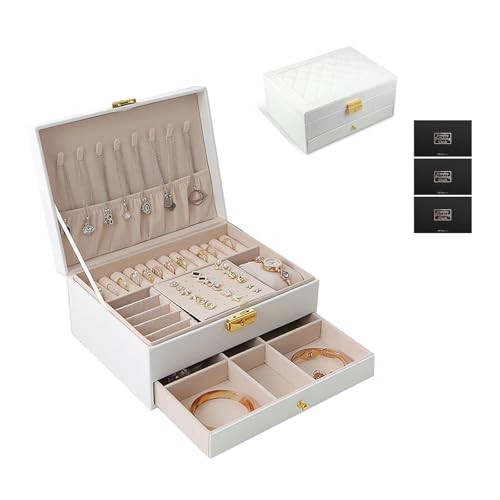 TAVADA Joyeros Mujer Organizador,2 Niveles Caja Joyas Cuero PU, ,Almacenamiento para Pulseras, Pendientes,Anillos,Collares,Relojes,Blanco