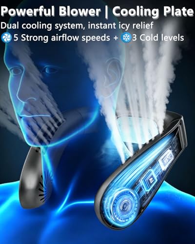 Image of FWV Neck Fan with Cooling Plate, Quiet 30dB, 3-24Hrs Cooling,5500mAh Battery,LED Display Necklace AC Cooler, USB Bladeless Portable Personal Wearable Fans that Blow Cold Air for Men Women Kids Black