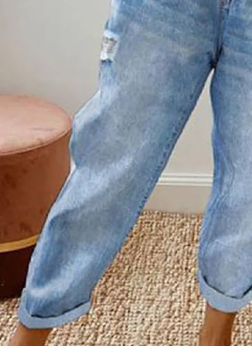 Women's Light Blue Distressed Wide Leg Jeans 2025 Spring Summer Casual Comfortable Denim Pants with Rolled Hem4