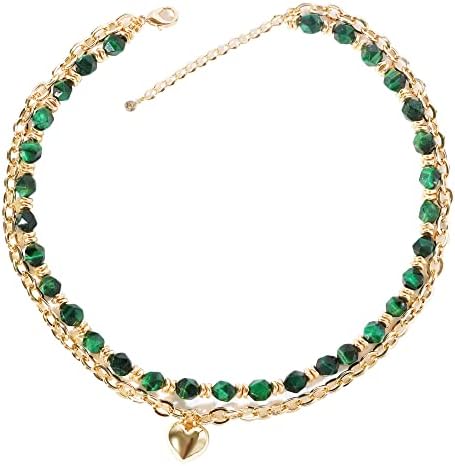 uqvn Dark Green Agate Stone Healing Stone Strand Necklace,2 Layered Agate Gemstone Necklace