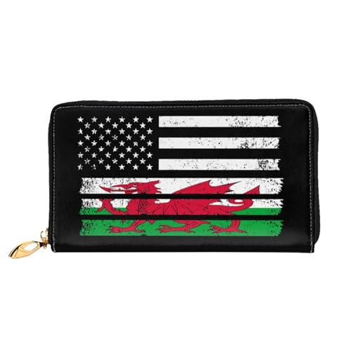 Welsh American Flag Long Leather Clutch Wallet with Dual-Sided Print - Storage bag (12 Card Slots, Zippered Coin Pocket)