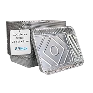 Enpack Aluschale R879-930G - 100 Stück Alu Grillschalen 226x176x30 mm - Feuerfeste Aluschalen 1000ml - Tropfschale/Fettauffangschale zum Grillen, Auflaufform - Aluschalen Grill - Grilltropfschale