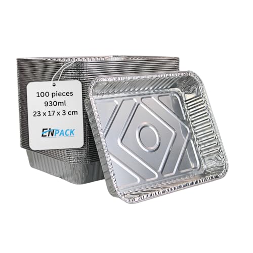 Enpack Aluschale R879-930G - 100 Stück Alu Grillschalen 226x176x30 mm - Feuerfeste Aluschalen 1000ml - Tropfschale/Fettauffangschale zum Grillen, Auflaufform - Aluschalen Grill - Grilltropfschale