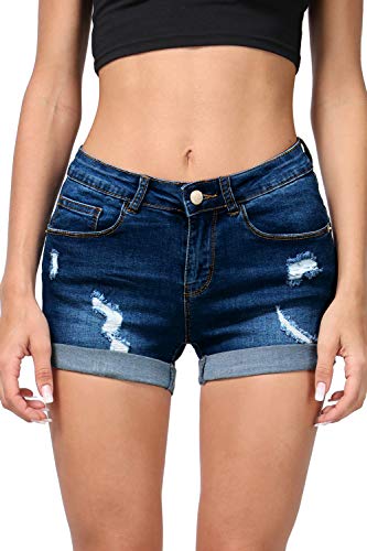 HOCAIES Juniors Vintage Mid Waist Folded Hem Denim Jeans Shorts for Women (14, 03 Dark Denim)