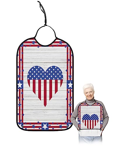 Patriotic Love Flag Adult Bib for Eating with Crumb Catcher,Washable & Waterproof Terry Cloth Adjustable Elderly Women Men Adult Bibs Funny Apron Clothing Protector Farmhouse Independence Day Red Blue