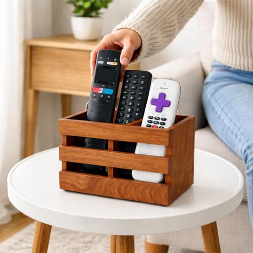 Image of Craft Expertise Wooden Remote Control Holder Stand for Living Room & Bedroom | 2 Compartment Remote Organizer for TV, Sofa & Side Table | Brown Wooden (2)