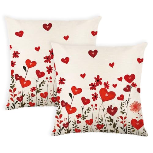 yeshttdy Valentines Day Pillow Covers 18x18 Inch Red Heart Floral Decorative Throw Pillow Covers Valentine Cushion Case for Bedroom Sofa Couch Holiday Festivals Home Decor Set of 2