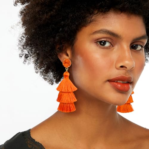 Me&Hz Orange Tassel Earrrings Layered Fringe Dangle Orange Earrings for Women Trendy Statement Orange Drop Earrings Halloween Costume Jewelry Fun Thanksgiving Earrings Gift - Thumbnail 2