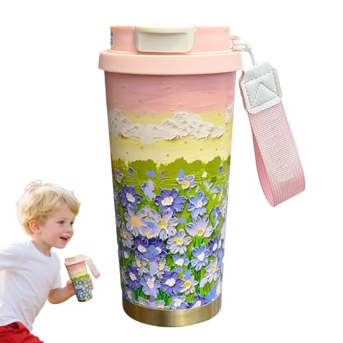 jamgeery Taza térmica de viaje para café, taza aislada de 500 ml, diseño de flores, taza con doble modo de bebida con cordón y tapa, botella de agua para bebidas frías o calientes, hogar, lugar de