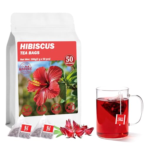 50 Bags Premium Natural Hibiscus Tea, 100% Pure Organic Hibiscus Flowers Herbal Tea, Caffeine-Free, Rich in Natural Goodness and Flavor, No Sugar, Gluten-Free, Vegan