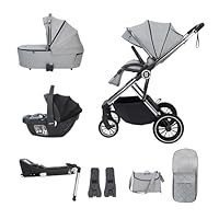 Babymore Chia Travel System with Coco i-Size Infant Car Seat - Safety Tested 3 in 1 Pram Travel System with Isofix Base & All Accessories, Flip and Fold System, 0-4 Years | Up to 22 Kg (Pearl Grey)