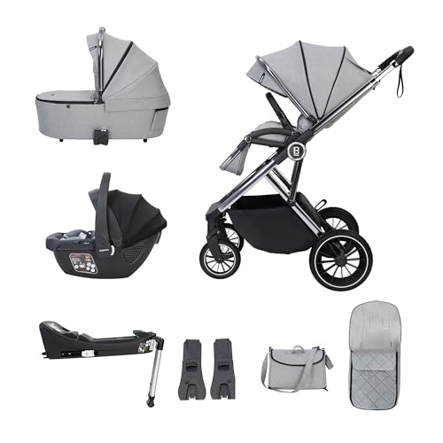 Babymore Chia Travel System with Coco i-Size Infant Car Seat - Safety Tested 3 in 1 Pram Travel System with Isofix Base & All Accessories, Flip and Fold System, 0-4 Years | Up to 22 Kg (Pearl Grey)