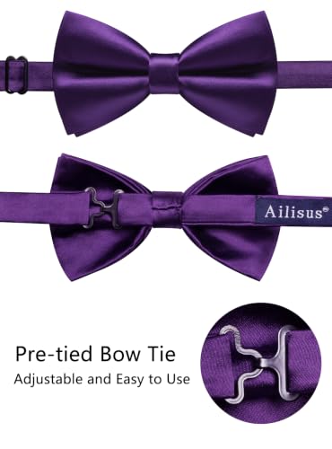Image of Solid Color Bow Ties for Men Silk Pre-tied Tuxedo Bowtie Set 4PCS | Pre-tied in 3 seconds,adjustable 4PCS bow tie and pocket square cufflinks lapel pin set,wedding,formal,party,prom,graduation
