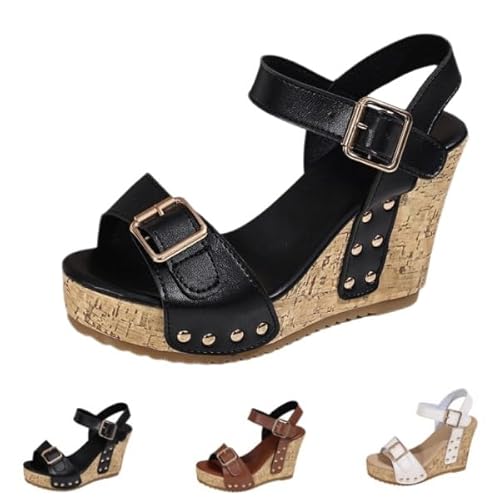 Women's Cork Wedge Platform Sandals Double Straps Chunky High Heels Solid Color Summer Dressy Slides (Black,24.0 cm) [���s�A���i]