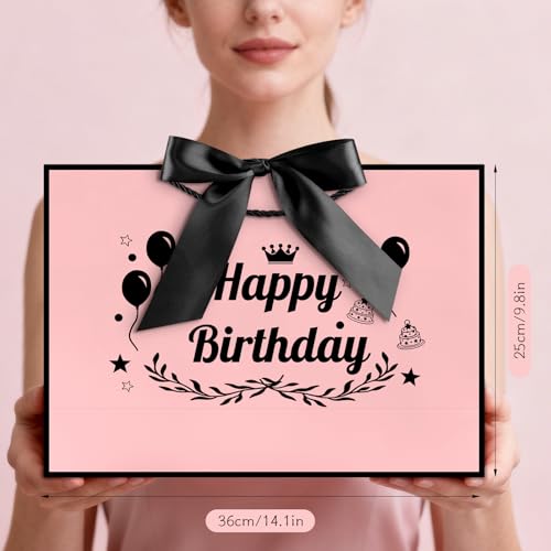 Image of JMANNI Happy Birthday Gift Bag, Pink with Black Satin Bow & Crown Design, Large Birthday Present Bag for Party Favors, Size 14.17 inchx9.84 inchx4.33 inch