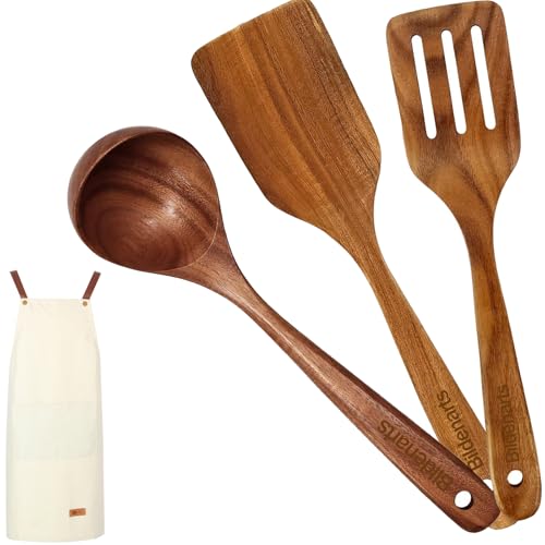 Teak Wooden Utensil Set Wooden Cooking Spoon Set with 1 Pack Chef Apron Pockets Smooth Non-Stick Surface Spatulas Comfort-Grip Wood Ladles for Cooking Wood Turner Deep Soup Ladle