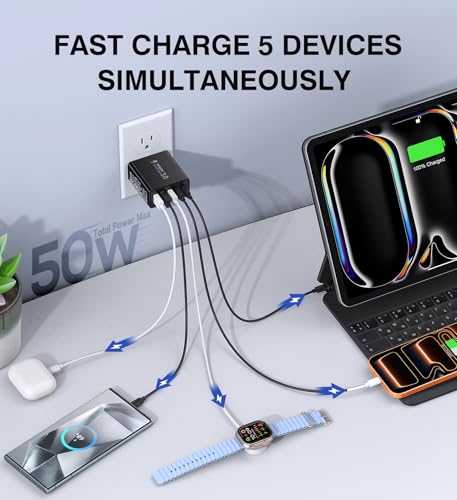 Image of [2-Pack] USB C Wall Charger, 50W USB C Charger Block 5-Port PD Fast Charging Blocks,2USB C+3USB A Multiport Plug,Type C Power Adapter Brick Cube for iPhone 17 /16 /15 /14 /13 /Pro,Samsung,for Switch（Black）